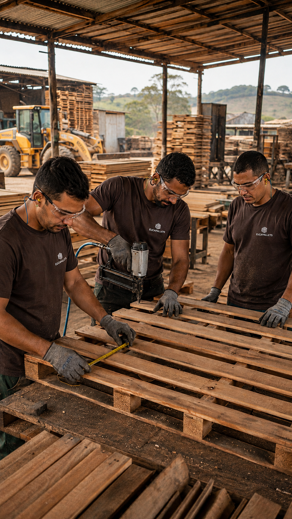 Equipe da Eucapallets fabricando pallets de eucalipto